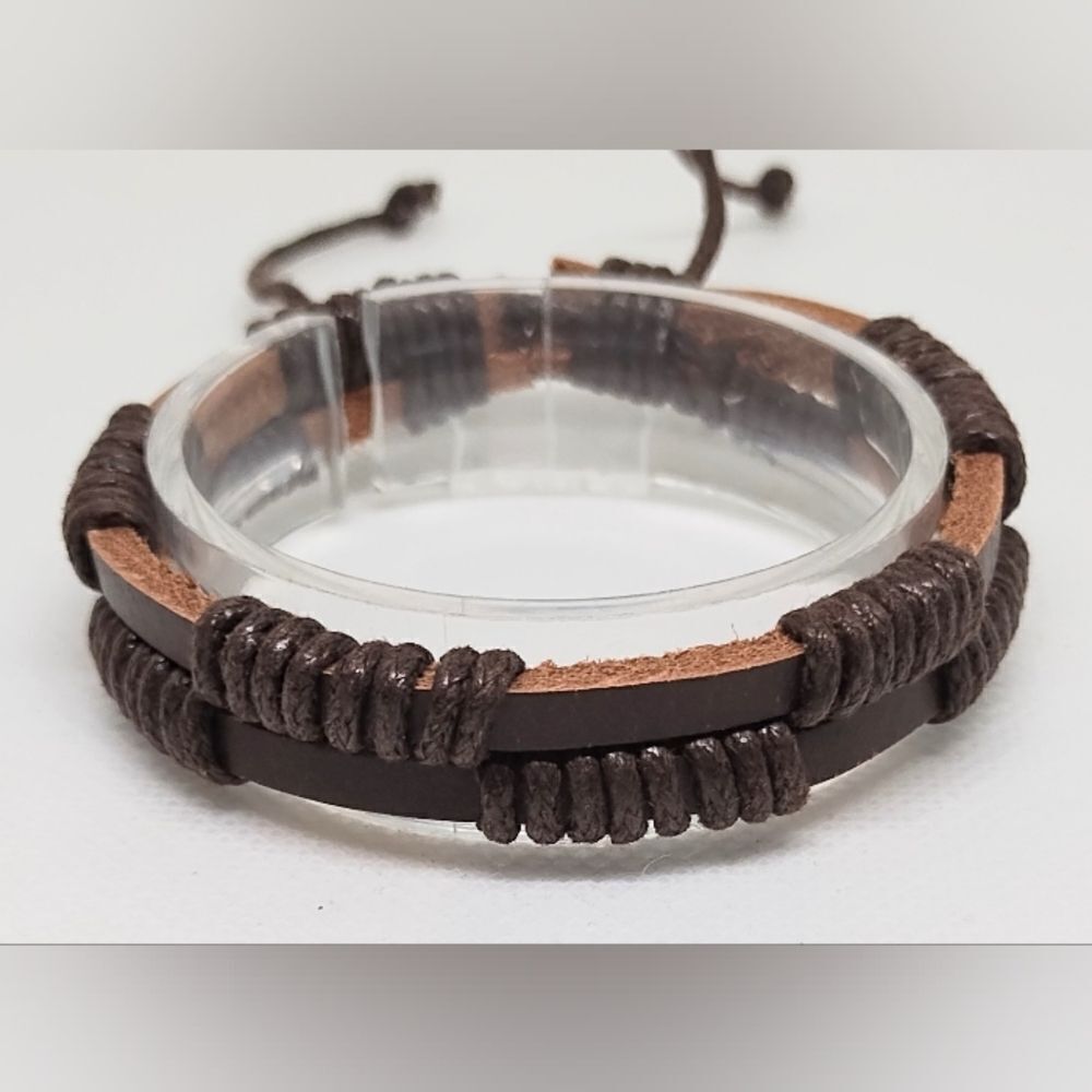 Men's leather bracelet braided layered‎ brown new e50